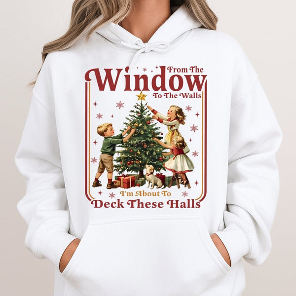 Retro Deck the Halls Hooded Sweatshirt, Humorous Christmas Hoodie, Holiday Graphic Pullover Hoodie, Winter Xmas Sweater Prese