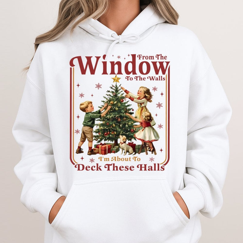 Retro Deck the Halls Hooded Sweatshirt, Humorous Christmas Hoodie, Holiday Graphic Pullover Hoodie, Winter Xmas Sweater Present for Family