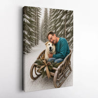 Rustic Snowy Forest Sled Canvas Print, Winter Sleigh Dog Canvas Wall Art, Comfy Pet Owner Holiday Wall Art, Dog Lover Christmas Canvas