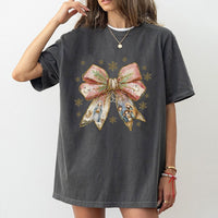 Christian Christmas Aesthetic Tee, Nativity Scene Coquette Bow T-Shirt, Religious Jesus Faith Graphic Shirt, Holiday Bow Tee
