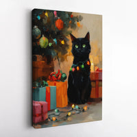 Adorable Kitten in Holiday Lights Canvas Print, Black Cat Christmas Canvas Wall Art, Festive Cat Lover Wall Art, Winter Holiday Canvas Decor