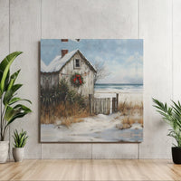 Snowy Beach House Oil Painting Canvas, Coastal Christmas Cottage Square Canvas, Coastal Christmas Wall Art, Holiday Beach Home Decor Present