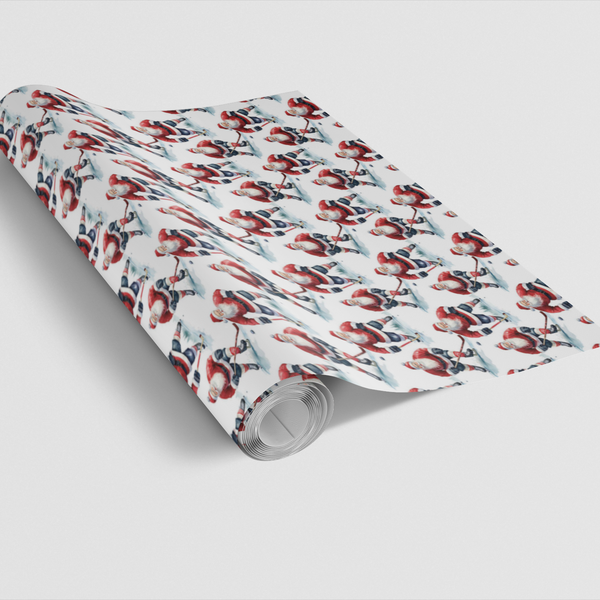 Ice Hockey Gift Wrap, Santa Hockey Christmas Wrapping Paper, Sporty Skating Santa Present Paper, Winter Sports Holiday Wrap, 