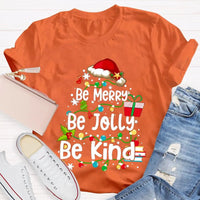 Santa Hat Fairy Lights Graphic Tee, Be Merry Be Jolly Be Kind Christmas T-Shirt, Holiday Family Shirt, Xmas Party Top