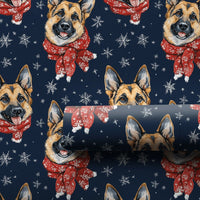 Winter Dog Gift Wrap, German Shepherd Christmas Wrapping Paper, Red Scarf Snowflake Wrapping Paper, Holiday Dog Lover Gift Wrap