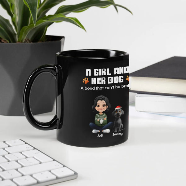 Custom Girl and Dog Illustration Mug, Personalized Dog Mom Christmas Mug, Holiday Pet Owner Coffee Cup, Christmas Present for