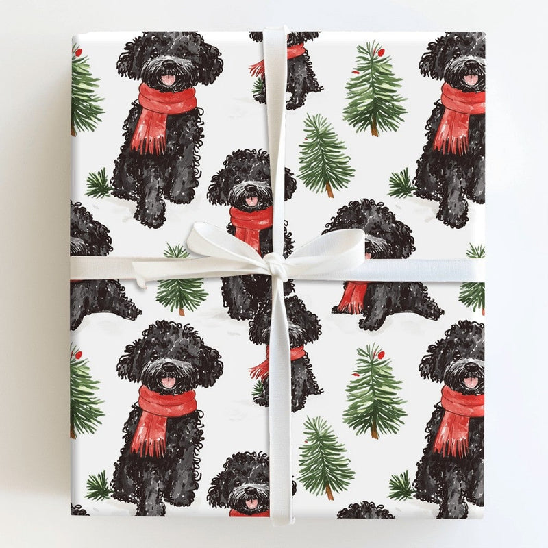 Watercolor Dog Holiday Gift Wrap, Black Poodle Christmas Wrapping Paper, Curly Puppy Scarf Wrapping Paper, Winter Holiday Gift Wrap Roll