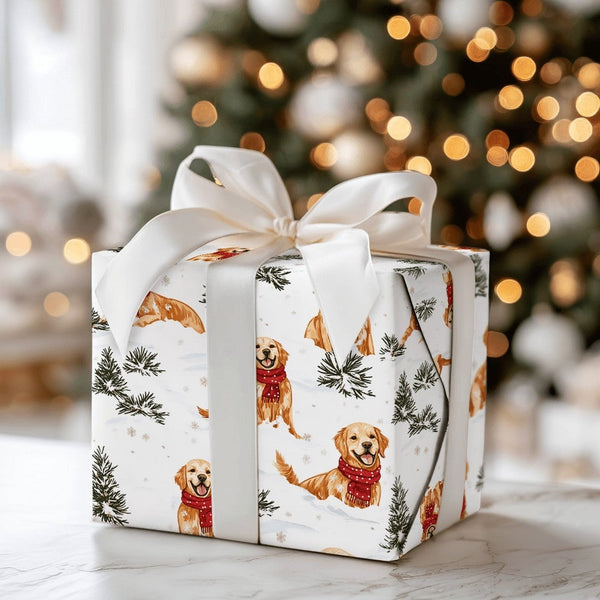Winter Dog Gift Wrap Roll, Golden Retriever Christmas Wrapping Paper, Adorable Golden Puppy Holiday Wrapping Paper, Pet Lover