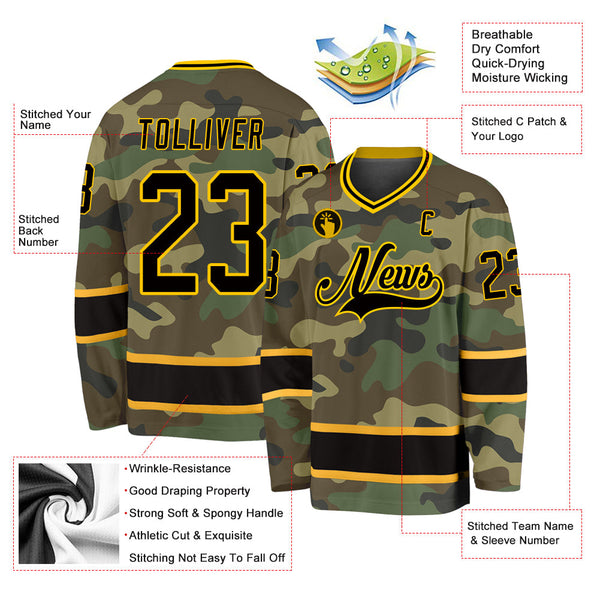 Custom Hockey Jersey - Camo Black-Gold Salute To Service