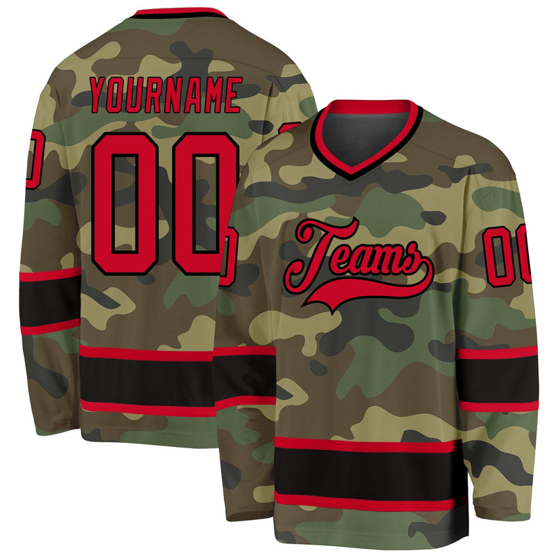 Custom Hockey Jersey - Camo Red-Black Salute To Service