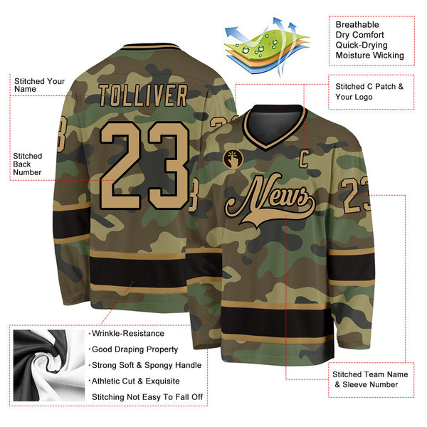 Custom Hockey Jersey - Camo Old Gold-Black Salute To Service