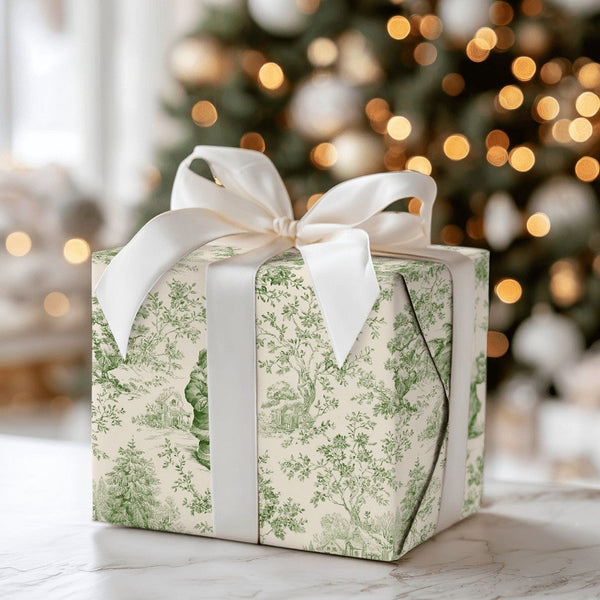 Green Toile Christmas Wrapping Paper, Vintage Santa Toile Wrapping Paper, Retro Holiday Gift Wrap, Classic Santa Winter Paper