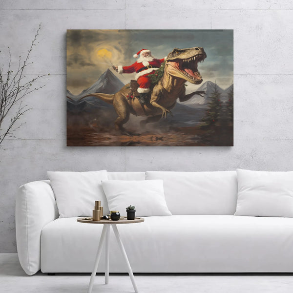 Humorous Dinosaur Christmas Wall Art, Santa Riding T-Rex Canvas Print, Humorous Santa TRex Canvas Decor, Unique Holiday Dino 