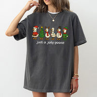 Humorous Holiday Goose Tee, Just A Jolly Goose Christmas T-Shirt, Retro Animal Graphic Shirt, Adorable Silly Goose Xmas T-Shirt for Men Women