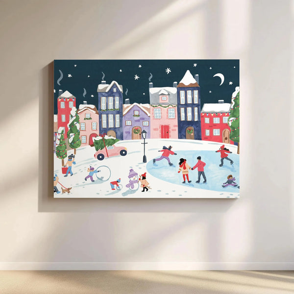 Winter Night Canvas Print, Christmas Village Canvas Wall Art, Ice Skating Town Wall Canvas, Whimsical Holiday Decor, Comfy Wi