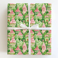 Pink Fairy Tale House Gift Wrap, Watercolor Christmas Village Wrapping Paper, Whimsical Holiday Wrapping Paper, Festive Winter Gift Wrap