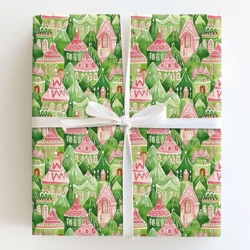 Pink Fairy Tale House Gift Wrap, Watercolor Christmas Village Wrapping Paper, Whimsical Holiday Wrapping Paper, Festive Winter Gift Wrap