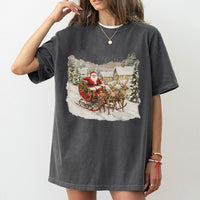 Retro Santa Reindeer T-Shirt, Vintage Santa Sleigh T-Shirt, Nostalgic Santa Christmas Tee, Classic Holiday Graphic T-Shirt, Xmas Fan Present