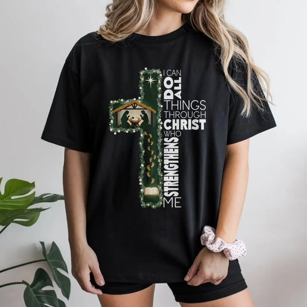 Nativity Cross Christmas Shirt, I Can Do All Things Through Christ T-Shirt, Christian Faith Graphic Tee, Religious Bible Vers