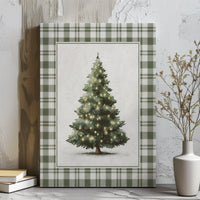 Vintage Holiday Wall Art, Rustic Green Plaid Christmas Tree Digital Download, Festive Winter Botanical Poster, Printable Farmhouse Decor