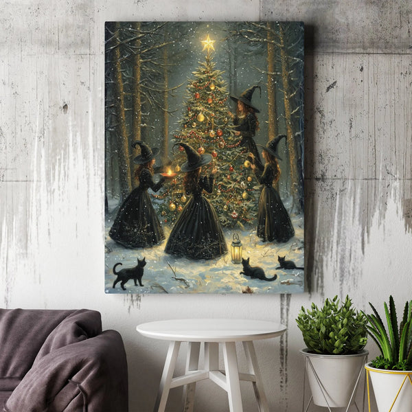 Snowy Forest Fantasy Canvas Print, Witch Christmas Tree Canvas Wall Art, Spooky Winter Holiday Wall Decor, Witchy Aesthetic P