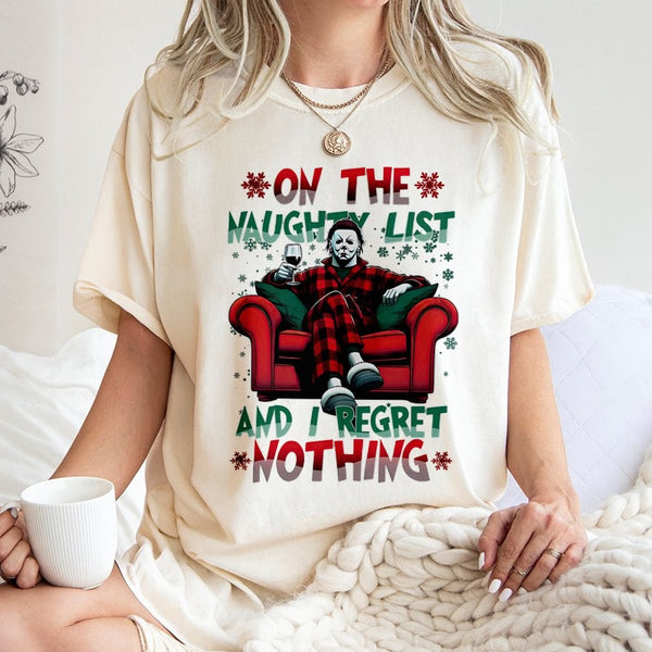 Naughty List Horror Graphic Tee, Slasher Movie Christmas T-Shirt, Humorous Creepmas Holiday Shirt, Retro Slasher Shirt, Horro
