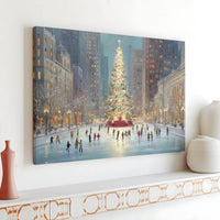Urban Winter Holiday Canvas Print, Christmas Tree Ice Skating Poster, Comfy Snow Cityscape Wall Art, Seasonal Digital Download