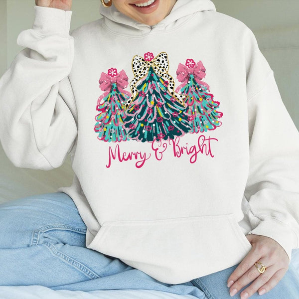 Coquette Bow Christmas Tree Hooded Sweatshirt, Merry and Bright Hoodie, Preppy Holiday Graphic Pullover, Adorable Girly Winte