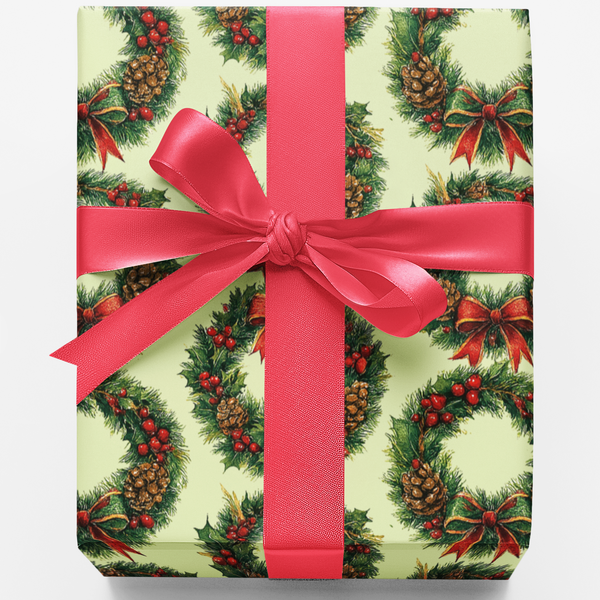 Pine Cone Holiday Gift Wrap, Christmas Wreath Wrapping Paper, Winter Botanical Wrapping Paper, Holiday Gift Wrap Roll, Season