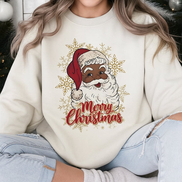 African American Santa Claus Crewneck, Black Santa Christmas Sweatshirt, Comfy Festive Holiday Sweater, Melanin Xmas Pullover