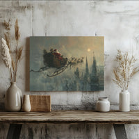 Vintage Winter Cityscape Wall Art, Santa Claus Sleigh Canvas Print, Christmas Sky Canvas Art, Holiday Wall Decor, Festive Santa Canvas