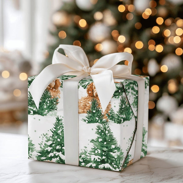 Watercolor Winter Dog Gift Wrap, Goldendoodle Christmas Wrapping Paper, Snowy Pine Forest Wrapping Paper, Doodle Dog Gift Wra
