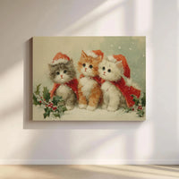 Vintage Cat Holiday Canvas Print, Three Kittens Christmas Canvas Wall Art, Adorable Kitten Wall Decor, Winter Festive Art, Cat Lover Xmas Present