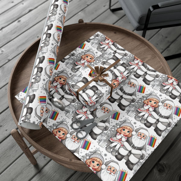 Santa Claus Christmas Gift Wrap, Coloring Book Santa Wrapping Paper, DIY Holiday Coloring Wrapping Paper, Kids Festive Presen