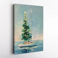 Nautical Holiday Canvas Print, Coastal Christmas Tree Sailboat Canvas Wall Art, Beach House Winter Decor, Coastal Christmas Canvas Painting