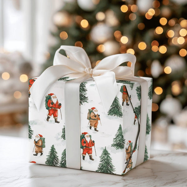 Snowy Pine Forest Gift Wrap, Hiking Santa Christmas Wrapping Paper, Outdoor Adventurer Holiday Wrapping Paper, Hiker Winter G