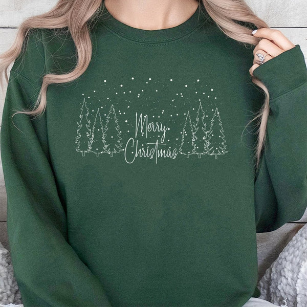 Minimalist Winter Sweatshirt, Merry Christmas Pine Tree Sweatshirt, Vintage Pine Tree Holiday Sweatshirt, Festive Christmas C
