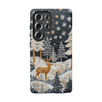 Snowy Forest Textured Stitch Look Phone Cover, Winter Deer Samsung Galaxy Phone Case, Comfy Christmas Dual Layer Tough Phone Case