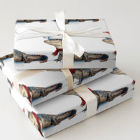 Humorous Holiday Gift Wrap, Santa Hat Alligator Christmas Wrapping Paper, Adorable Watercolor Alligator Wrapping Paper, Winter Animal Present Wrap