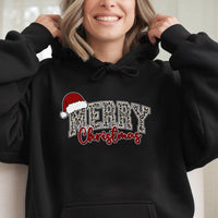 Leopard Print Santa Hat Sweatshirt, Merry Christmas Hoodie, Adorable Festive Holiday Hooded Pullover, Comfy Winter Xmas Season Apparel for Women
