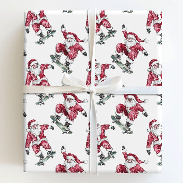 Playful Watercolor Skater Gift Wrap, Skateboarding Santa Wrapping Paper, Humorous Santa on Skateboard Wrapping Paper, Christm