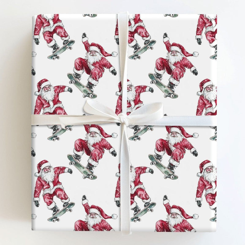 Playful Watercolor Skater Gift Wrap, Skateboarding Santa Wrapping Paper, Humorous Santa on Skateboard Wrapping Paper, Christmas Gift Wrap Roll