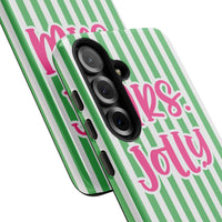 Preppy Striped Christmas Samsung Galaxy Case, Mrs Jolly Phone Case, Pink Green Holiday Phone Cover, Festive Tough Phone Case