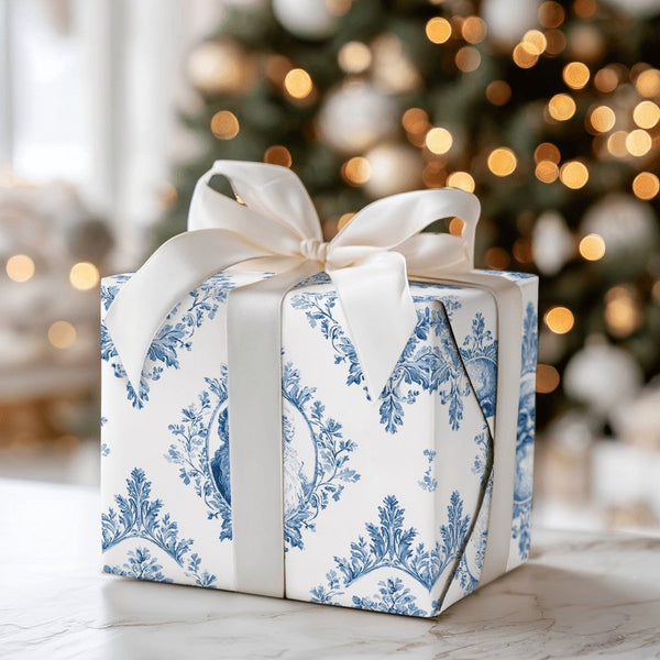 Blue and White Toile Damask Gift Wrap, Vintage Santa Wrapping Paper, Elegant French Country Wrapping Paper, Holiday Christmas