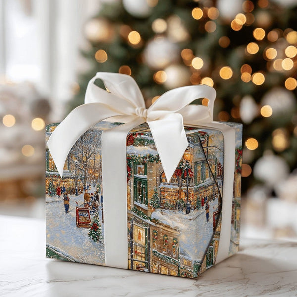 Snowy Street Scene Gift Wrap, Nostalgic Christmas Village Wrapping Paper, Vintage Holiday Village Wrapping Paper, Winter Town