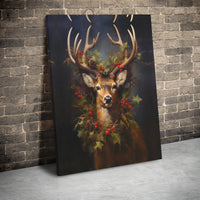 Rustic Deer Holly Wreath Print, Christmas Stag Canvas Wall Art, Holiday Winter Wildlife Canvas Painting Home Decor