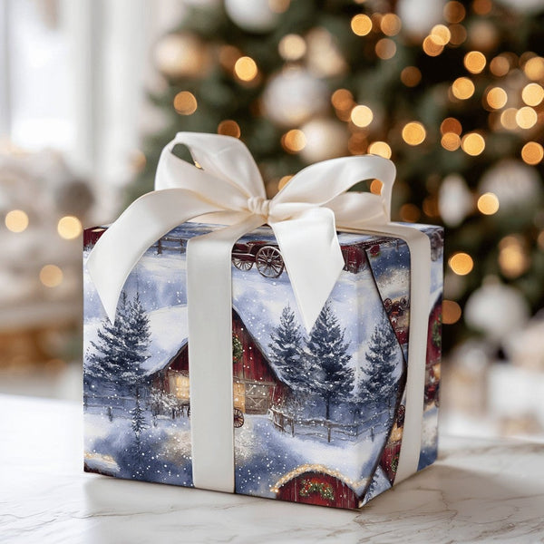 Rustic Country Wrapping Paper, Vintage Red Barn Christmas Wrapping Paper, Farmhouse Winter Gift Wrap, Snowy Holiday Wrapping 
