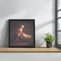 Religious Nativity Christmas Canvas Print, Santa Kneeling at Manger Canvas Wall Art, Holy Family Holiday Canvas, Christian Present