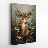Vintage Christmas Deer Canvas Print, Deer with Holly Berries Canvas Wall Art, Woodland Deer Wall Art, Digital Download Rustic Deer Poster