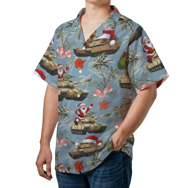 Humorous Military Holiday Aloha Shirt, Santa Tank Christmas Hawaiian Shirt, Tropical Santa Button Down Shirt, Veteran Holiday